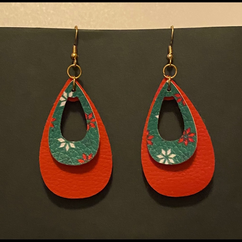Handmade Faux Leather Earrings- Green & Red